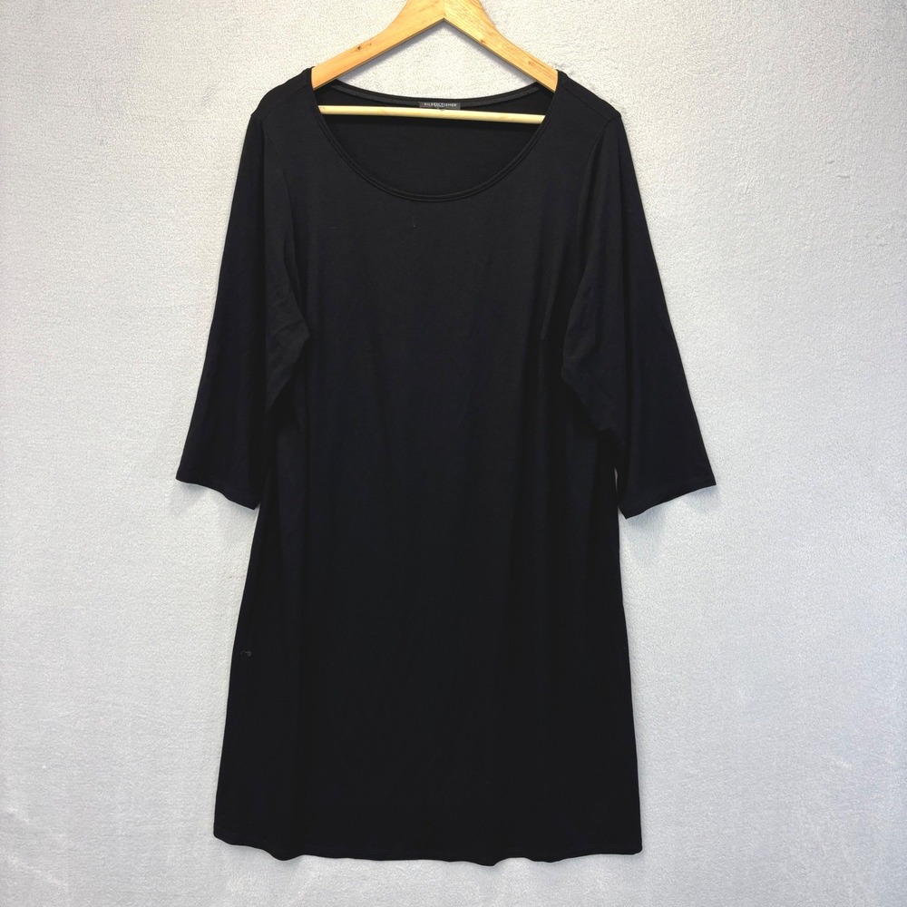 Eileen Fisher Knee Length Dress Womens 2X Black 3/4 Sleeve Scoop Stretch Capsule